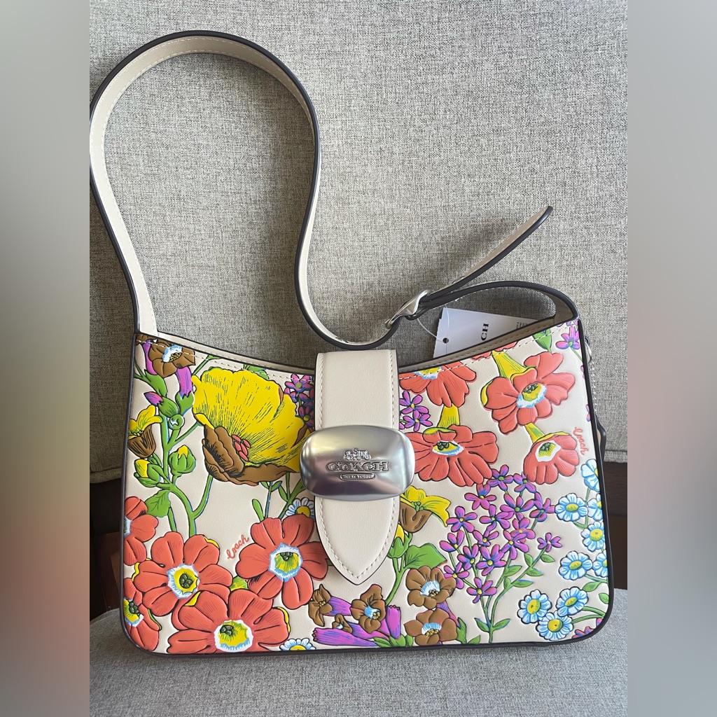 Nwtcoach Eliza Shoulder Bag With Floral Print (Coach Cr161) Silver/Ivory Multi